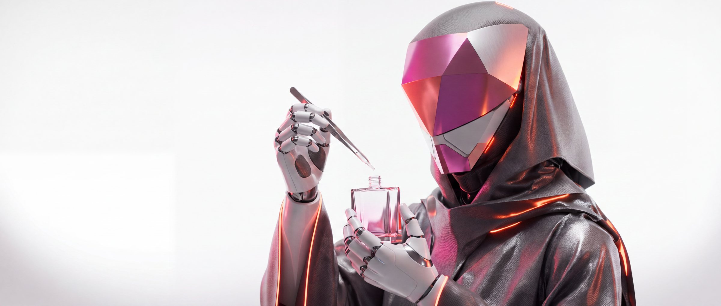 Perfumista IA, o mascote androide, pinga uma essência no frasco
